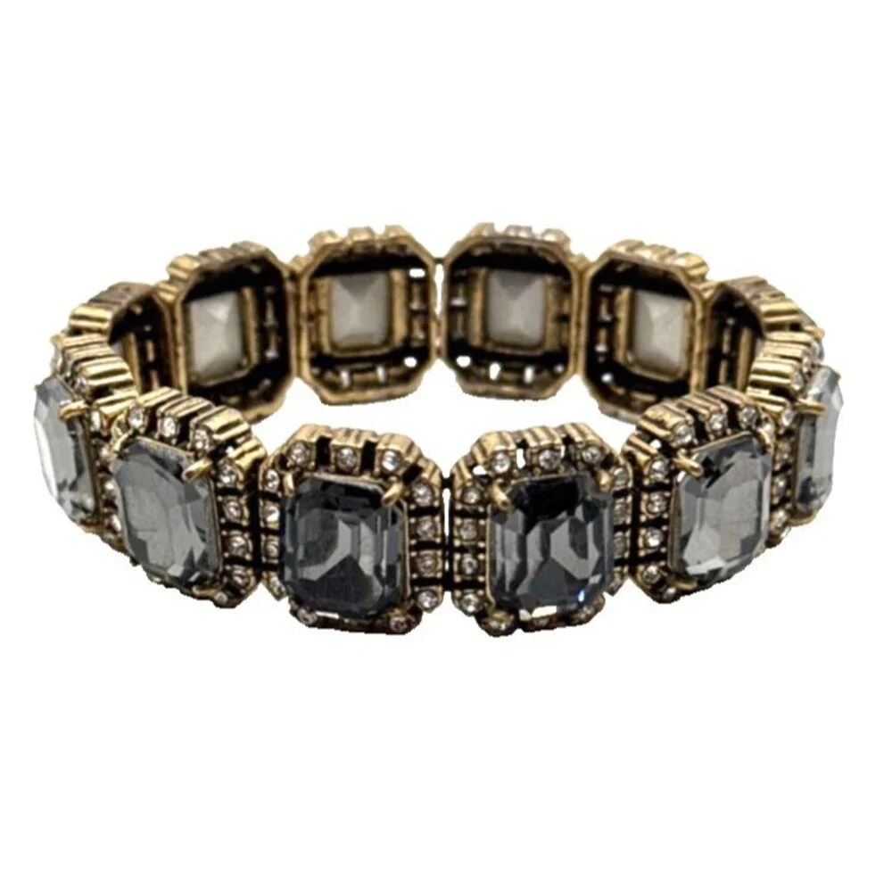 J CREW CRYSTAL BORDERS Bracelet Smoky Gray Clear Rhinestone Ornate Stretch Cuff
